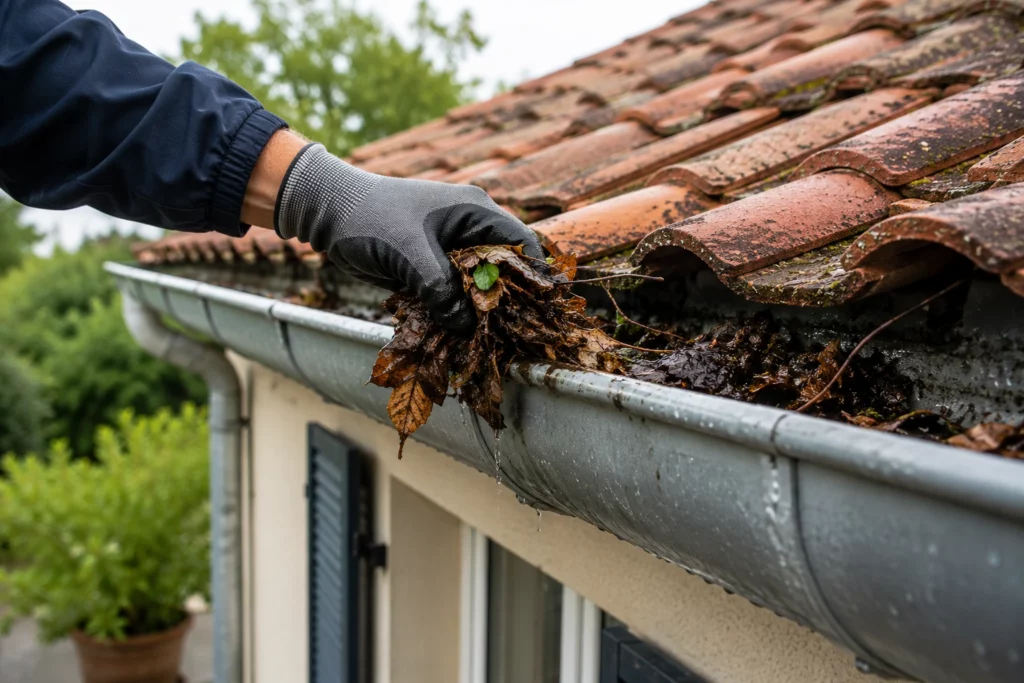 Main gantee retirant des feuilles mortes humides d'une gouttiere en zinc le long d'un toit en tuiles