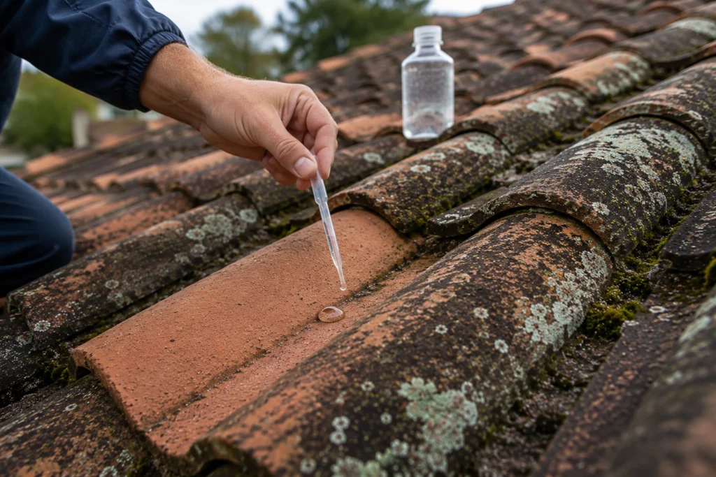 Main appliquant une goutte de produit a la pipette sur une tuile en terre cuite couverte de mousse et de lichen