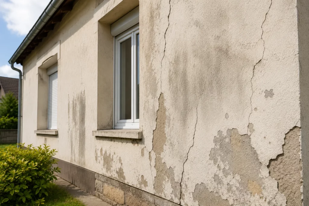 Façade de maison au crépi cloqué et écaillé, parcourue de fissures sous une fenêtre