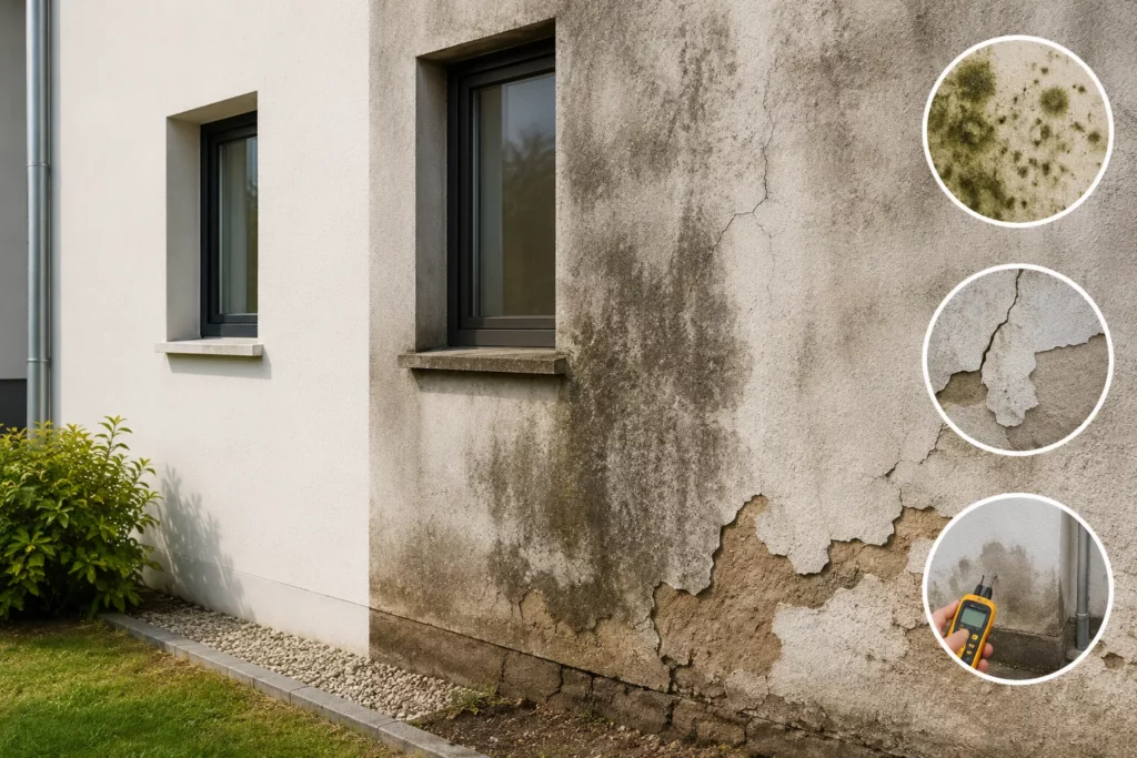 Comparaison entre une façade saine et une façade dégradée, avec zooms sur moisissures, fissures et humidimètre