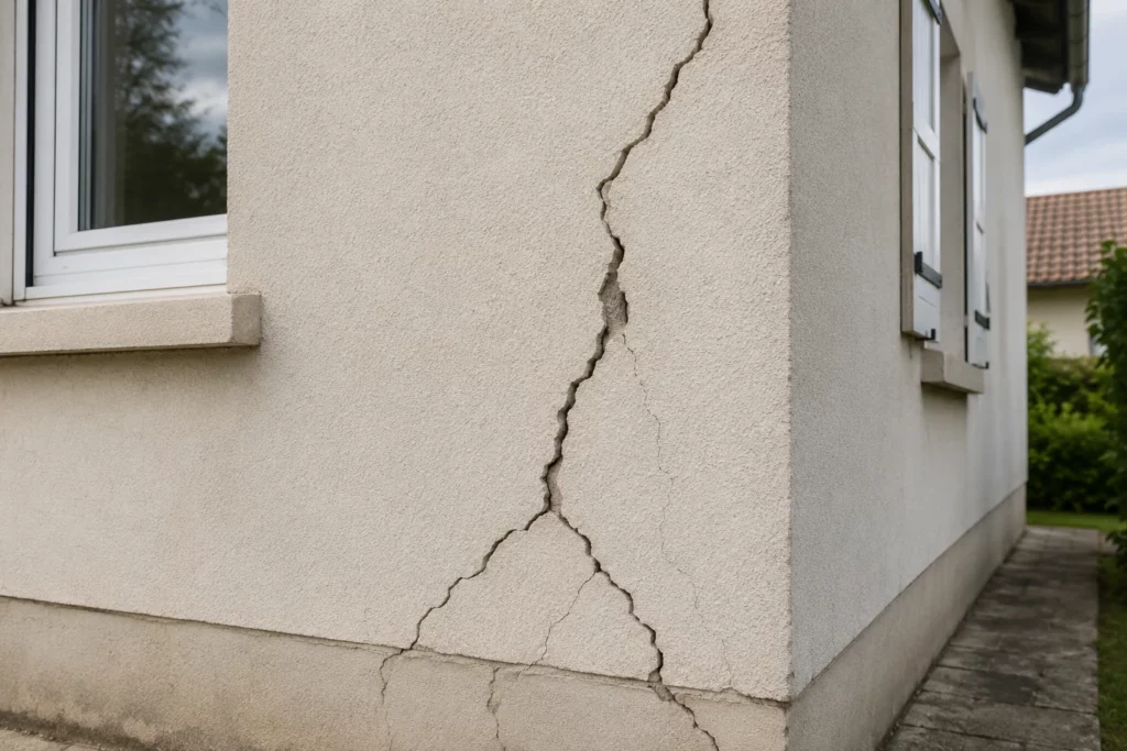 Large fissure en escalier ramifiée traversant l'angle d'une façade crépie