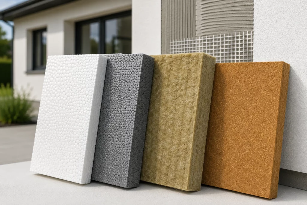 Quatre panneaux isolants posés contre une façade : polystyrène blanc, polystyrène graphité, laine de roche et fibre de bois