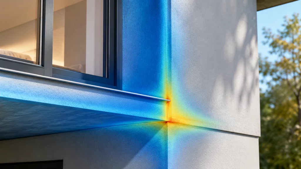 Thermographie d'une façade : point chaud rouge révélant un pont thermique à la jonction du nez de dalle et de l'angle du mur