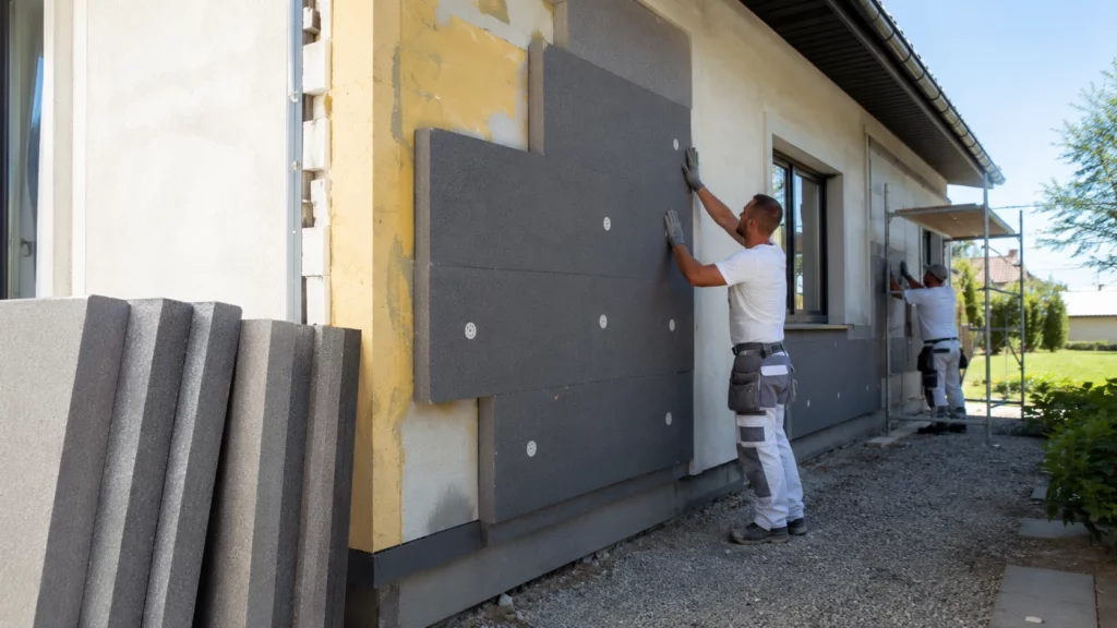 Deux artisans fixent des panneaux d'isolant gris sur la façade d'une maison en rénovation